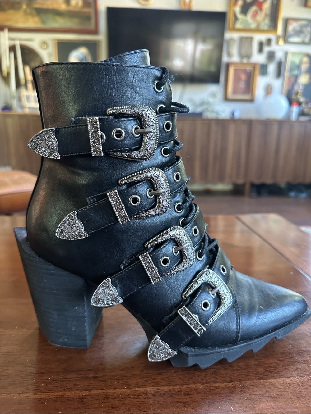 Women’s Black Buckle Lace-Up Ankle Boots with Block Heel